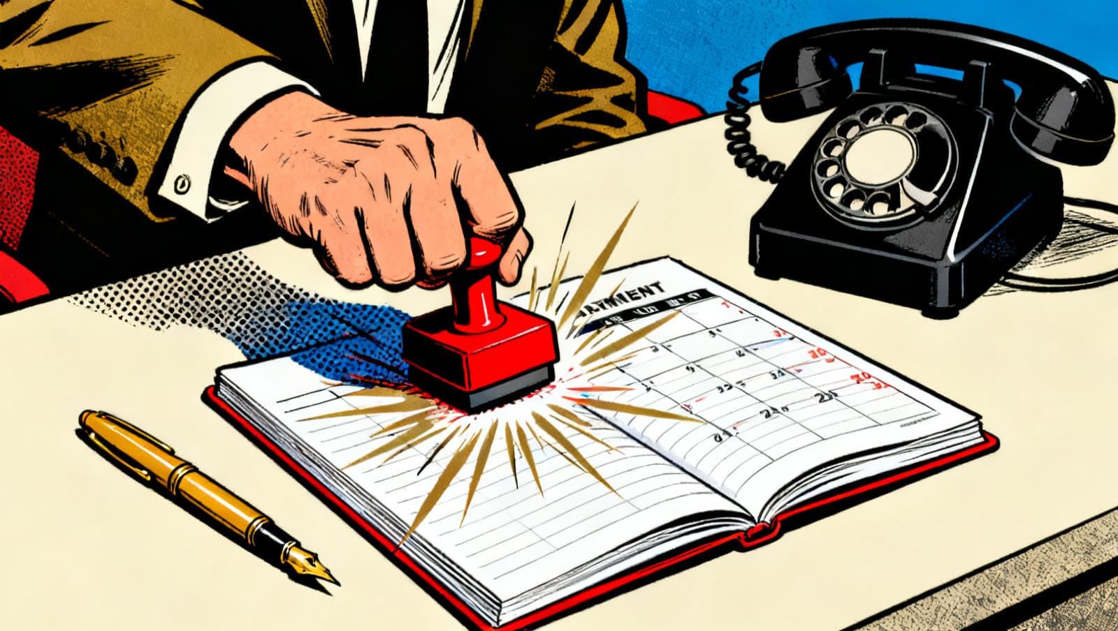 Pop-art screenprint: a hand stamps an open appointment datebook on a desk beside a rotary telephone and a gold fountain pen