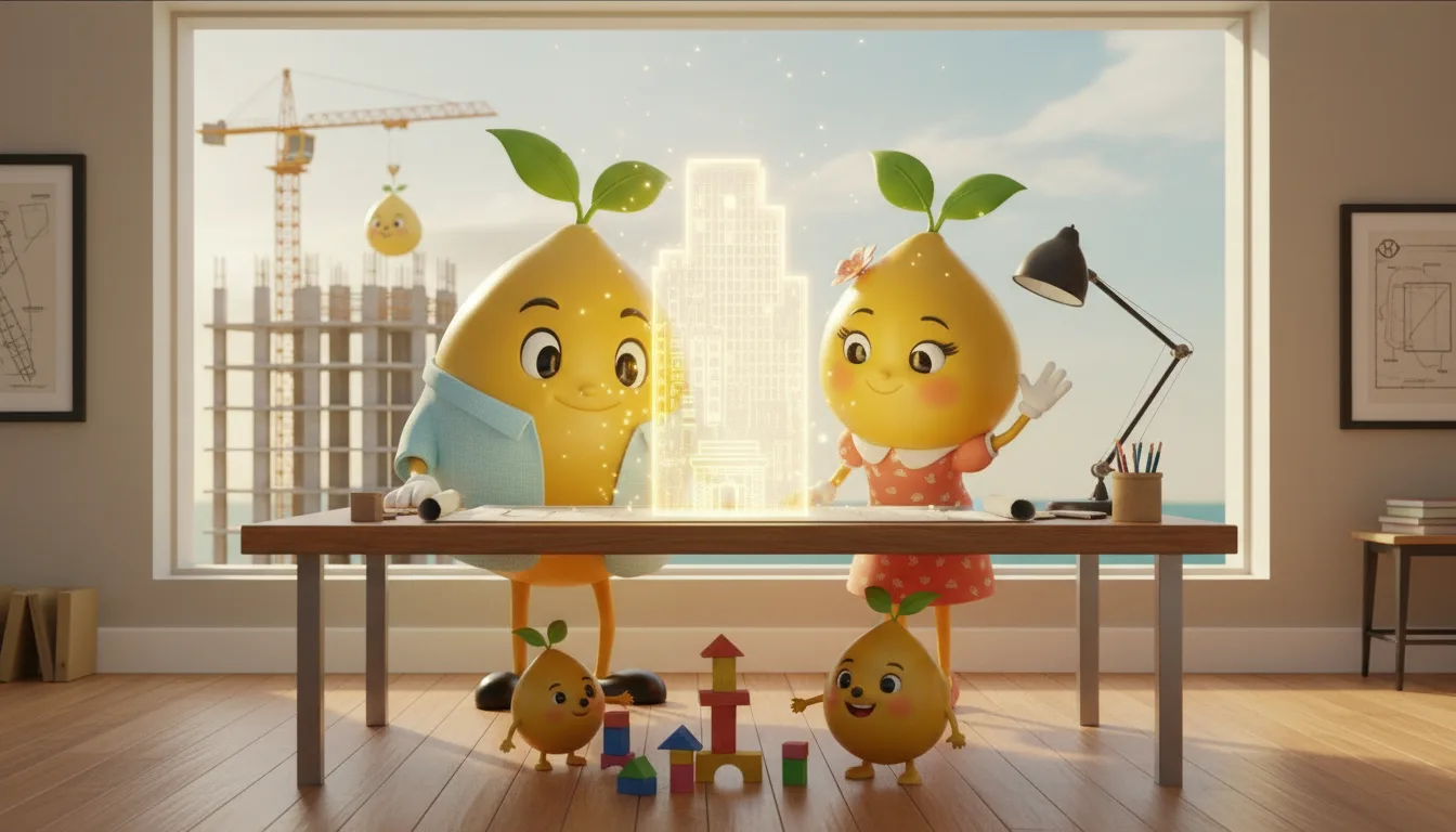 Mr. and Mrs. Mustard in hard hats studying a glowing holographic blueprint while a crane lowers a giant golden seed onto a tower.
