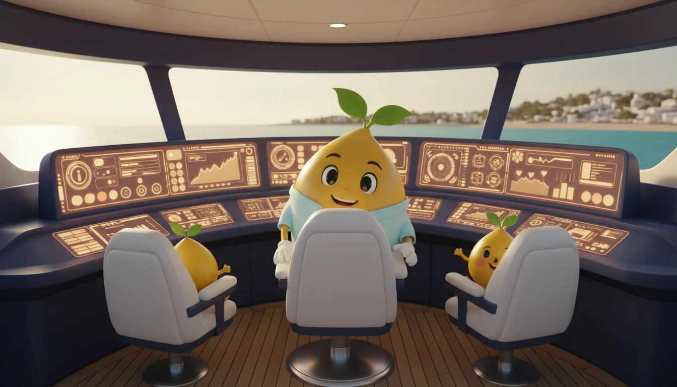 Mr. Mustard swiveling in a captain's chair on the yacht bridge while glowing consoles run the business, the seedling kids steering in tiny chairs.