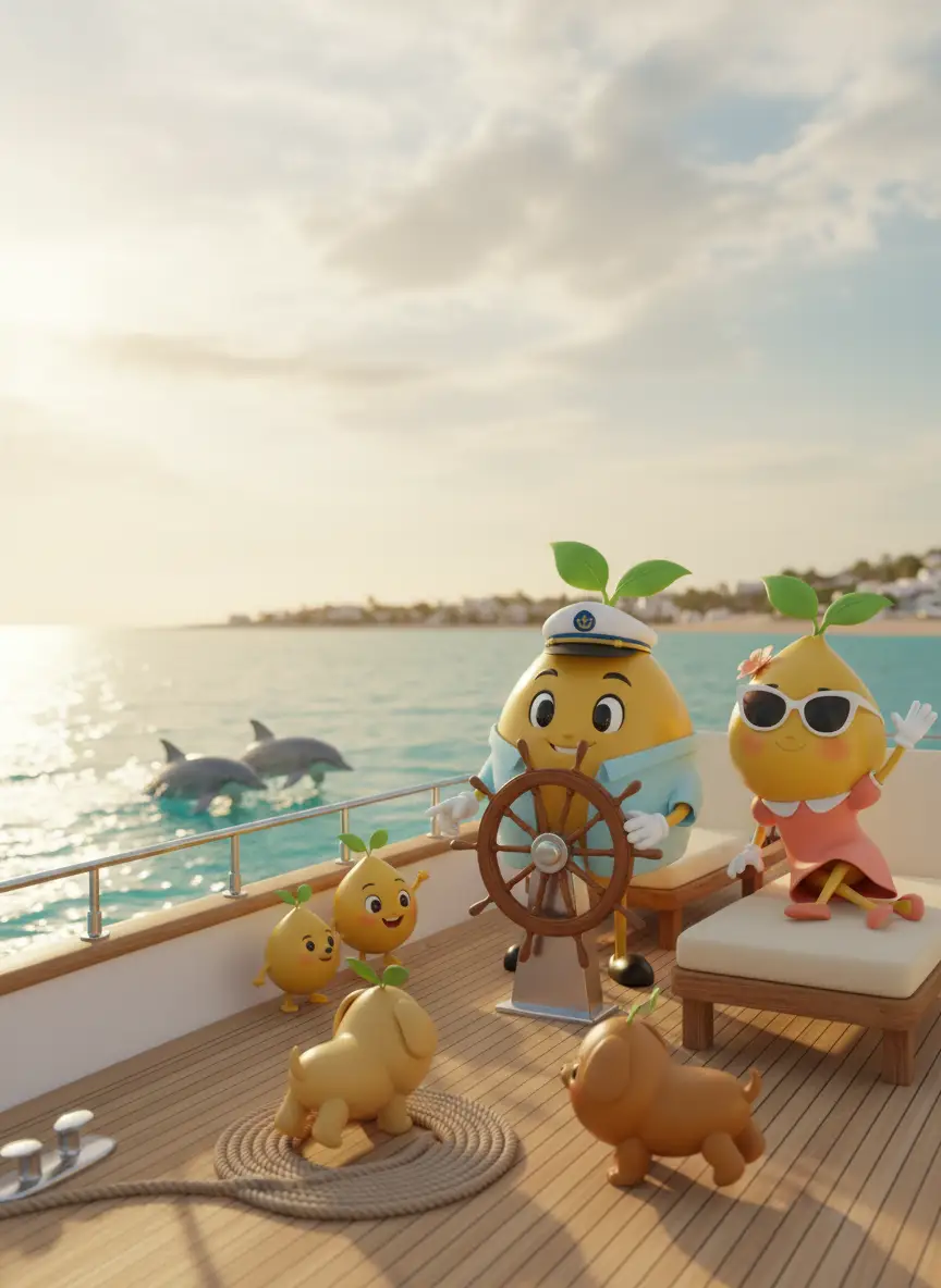 The Mustard family on the bow of a yacht at golden hour. Mr. Mustard at the wheel in a captain's hat, Mrs. Mustard waving from a deck lounger, the seedling kids watching dolphins.