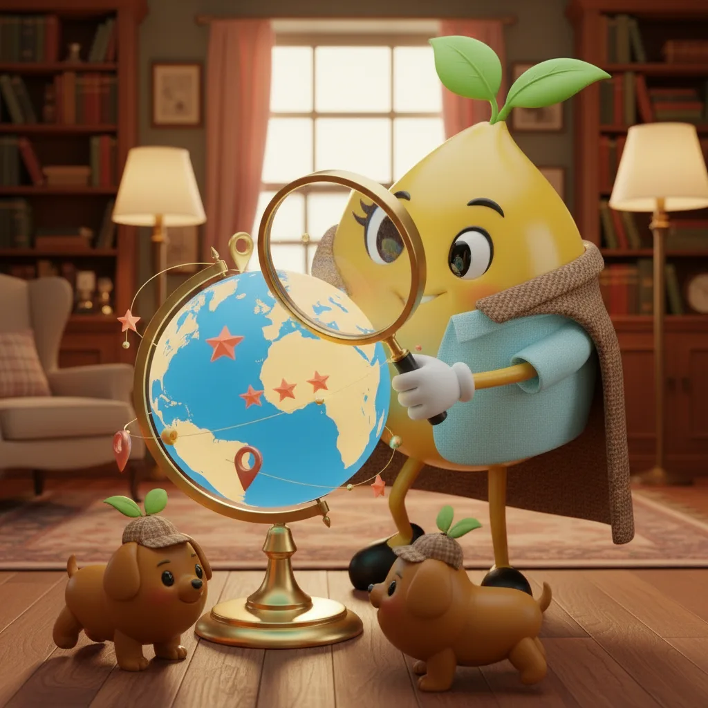 Mr. Mustard in a detective cape examining a glowing globe through a huge magnifying glass while the seed puppies sniff the floor.