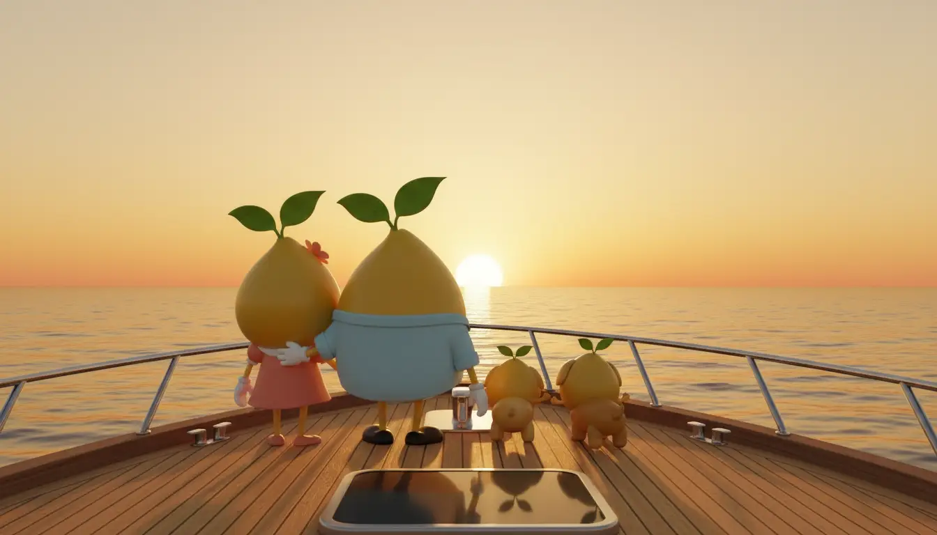 The Mustard family together at the yacht's bow, gazing at a golden sunset horizon.
