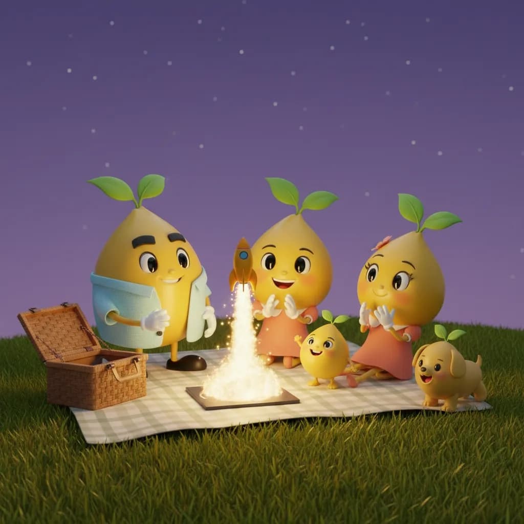 The Mustard family on a picnic blanket watching a small golden rocket lift off into a twilight sky.