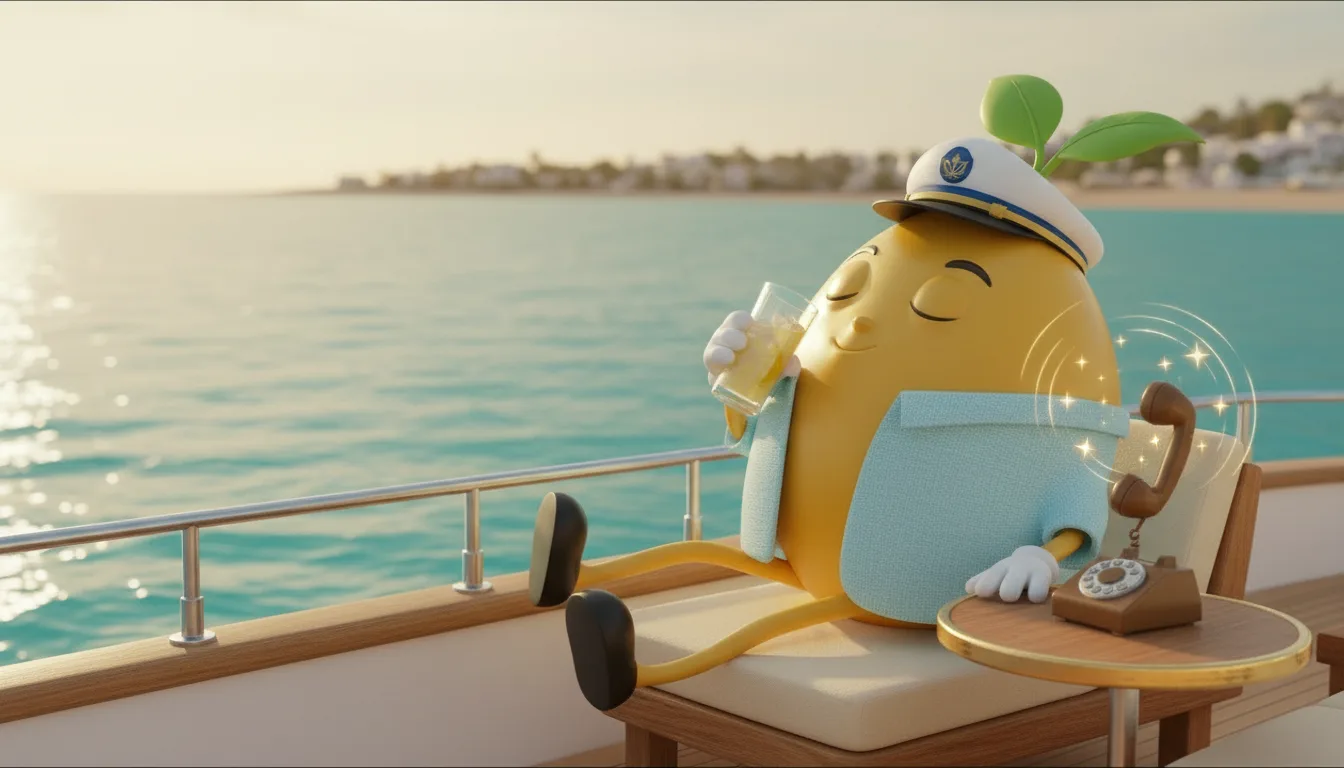 Mr. Mustard relaxing on the yacht's aft deck with lemonade while a glowing golden telephone answers itself beside him.