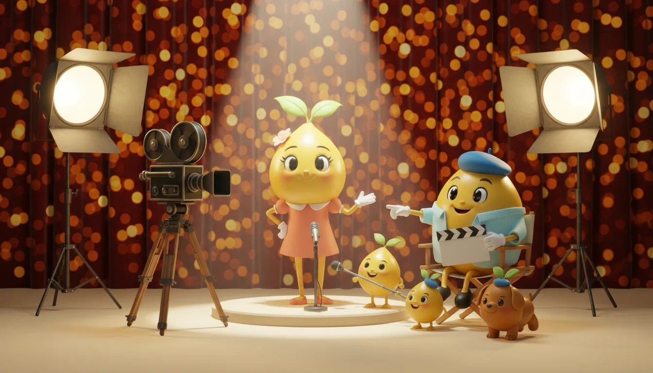 Mrs. Mustard posing like a movie star under studio lights while Mr. Mustard directs from a director's chair in a beret.