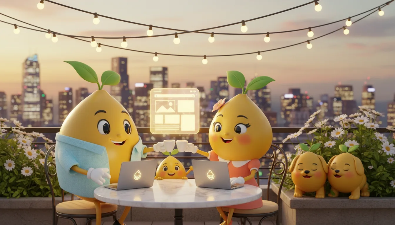 The Mustard family working on a rooftop terrace at dusk, a glowing holographic website floating above the table.