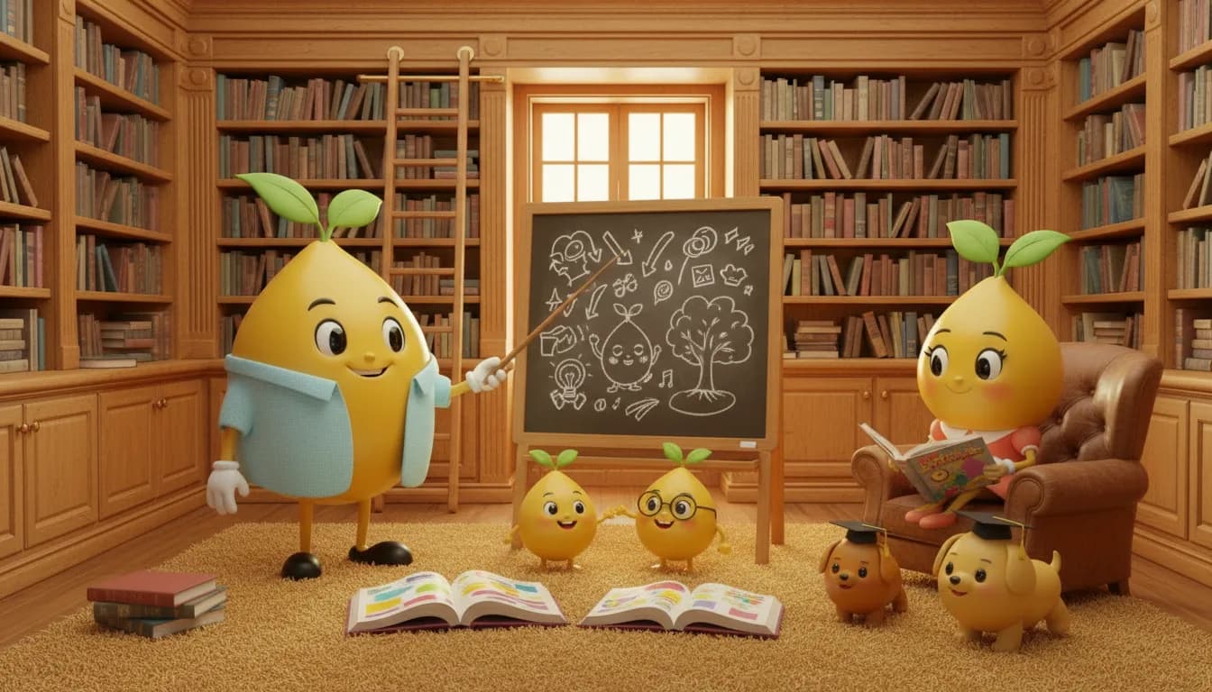 Mr. Mustard as an enthusiastic professor at a chalkboard of doodles while the seedling kids study and the puppies wear graduation caps.