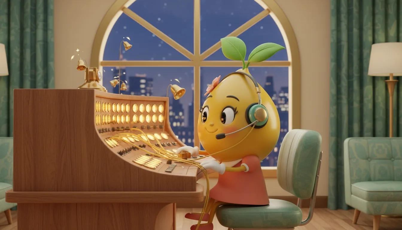 Mrs. Mustard as a glamorous mid-century telephone operator plugging glowing golden cords into a vintage switchboard.