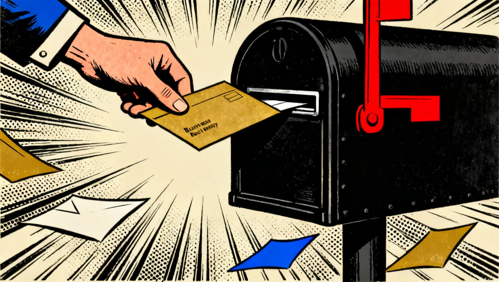 Pop-art screenprint: a hand drops a mustard-gold reply card into a black mailbox as more cards fly past