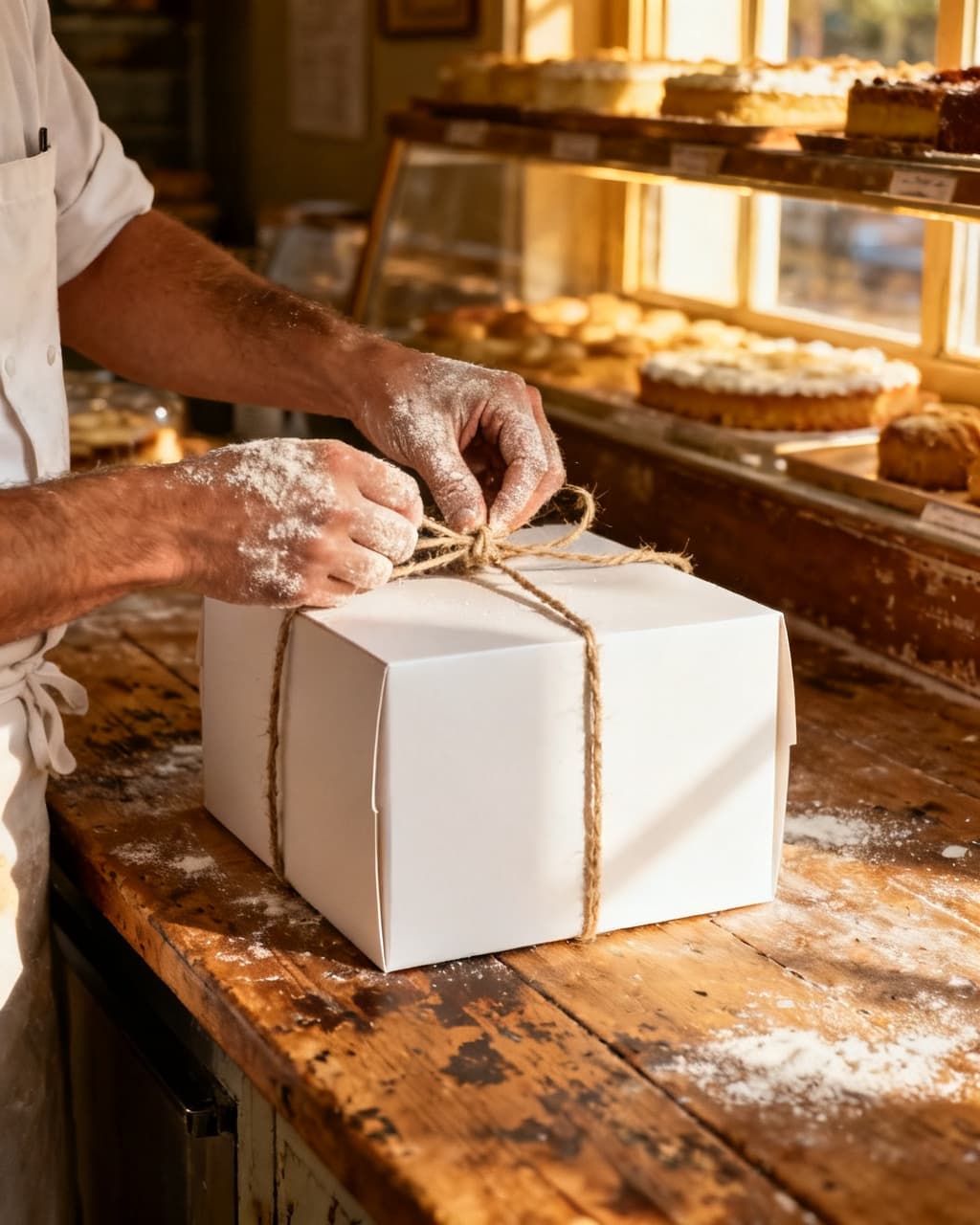 A baker's flour-dusted hands tying twine around a white cake box