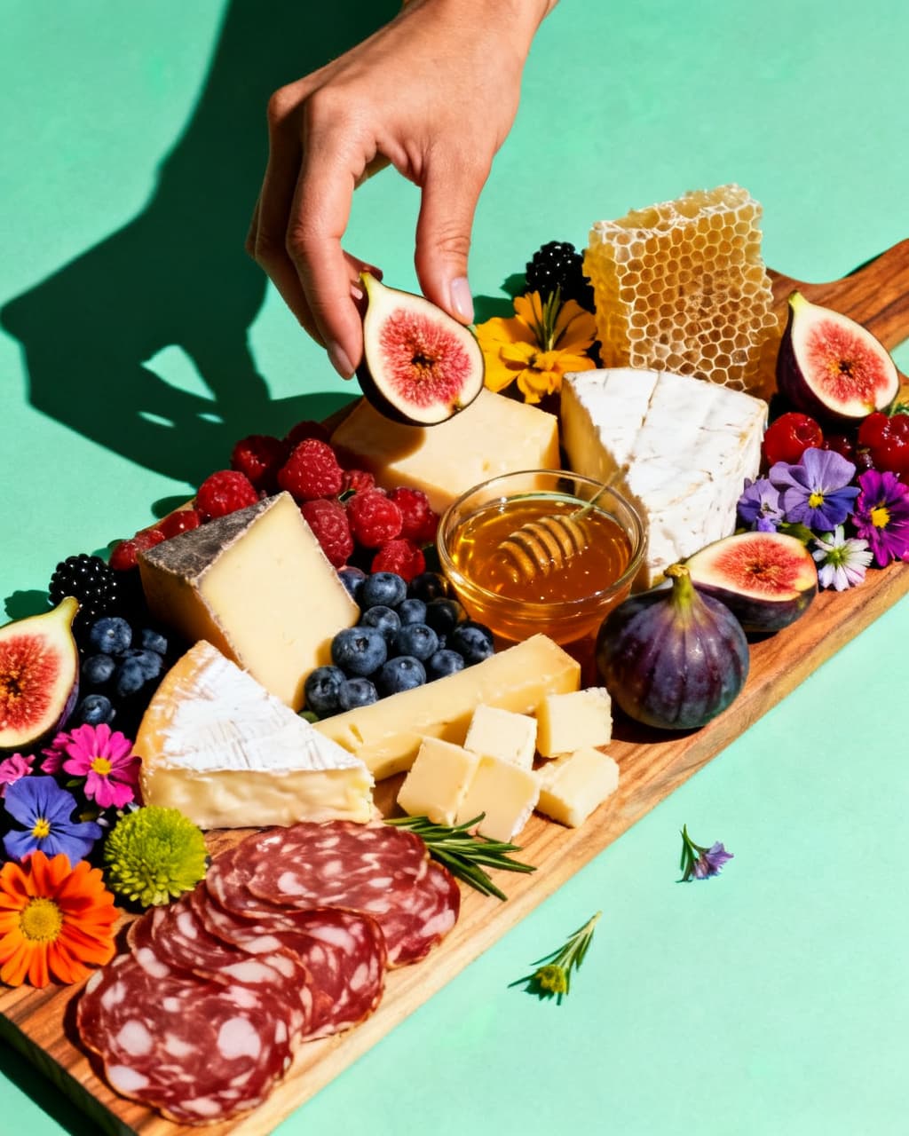 Charcuterie board with cheeses, figs, and edible flowers on mint