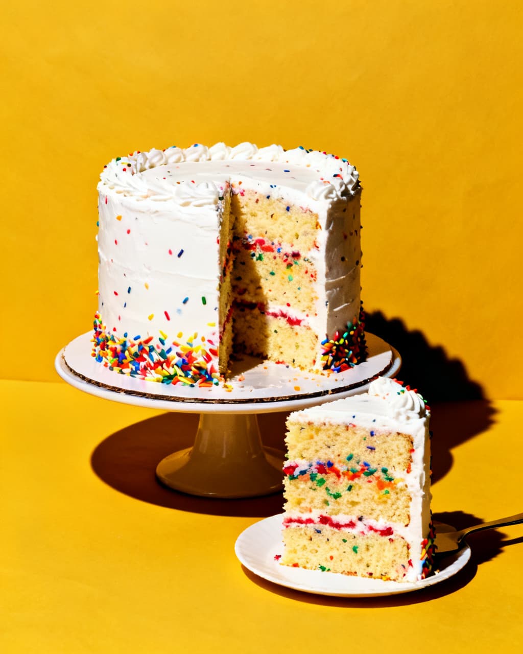 Funfetti layer cake with one slice pulled, on a mustard yellow background