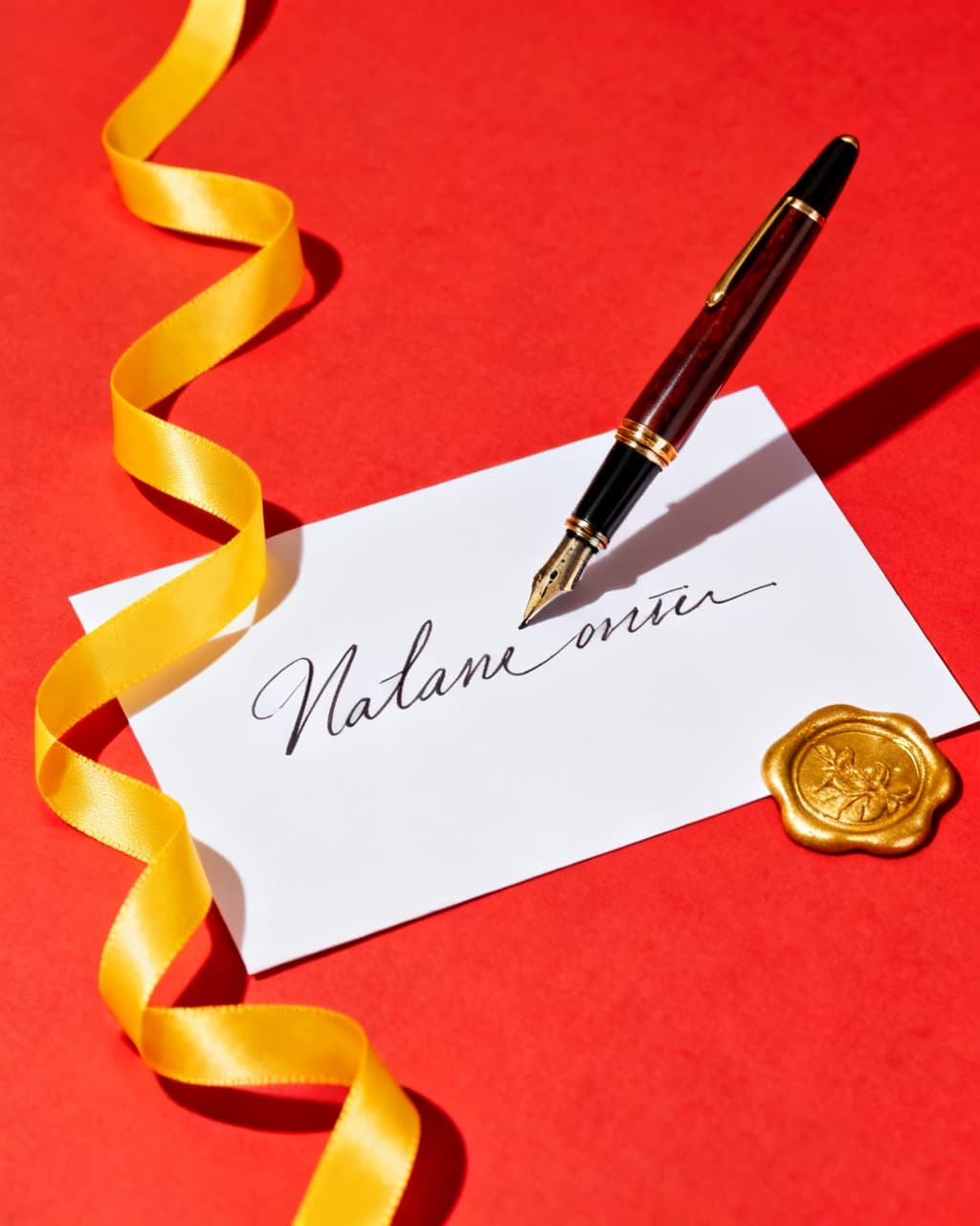 Handwritten card with fountain pen, ribbon, and wax seal on pop red