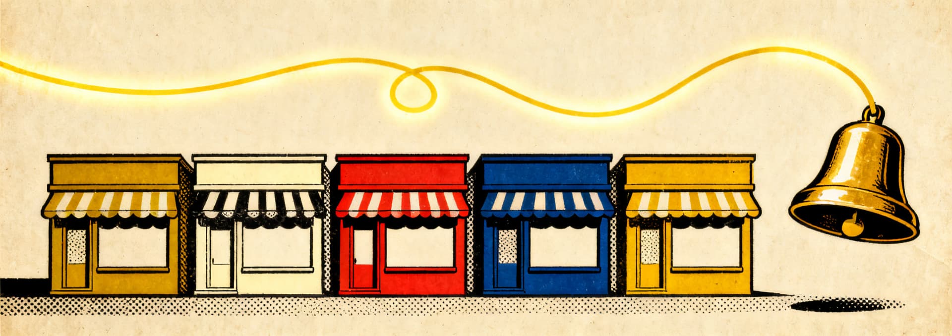 Five pop-art storefronts connected by one gold telephone wire to a single bell