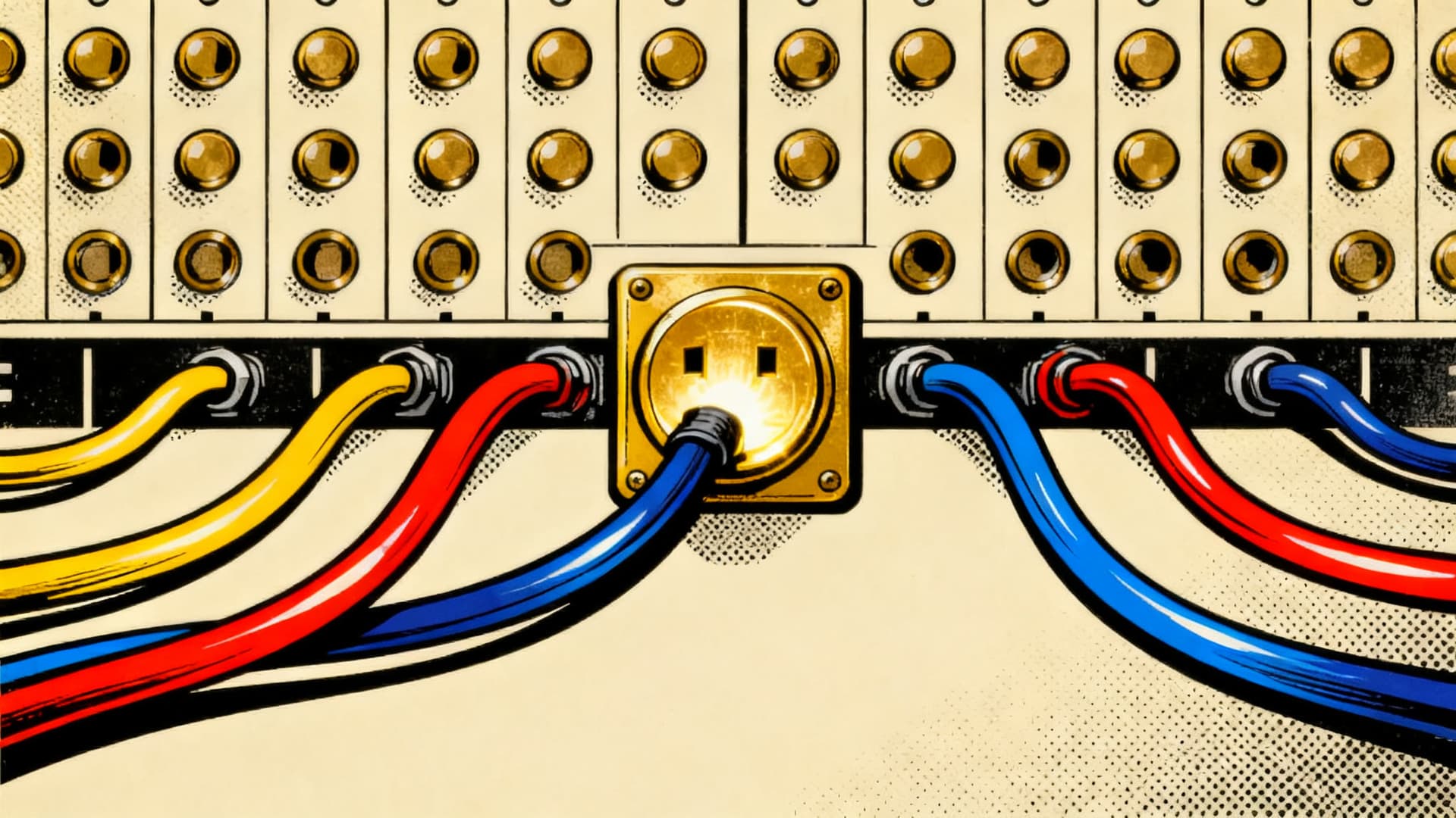 Pop-art telephone exchange: every line plugs into one glowing gold socket