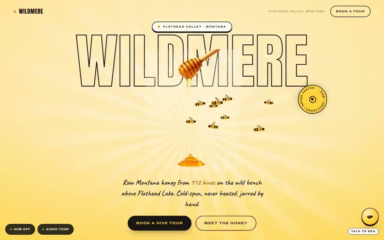 The homepage of Wildmere Honey Co., a honey company website designed and built from scratch by Modern Mustard Seed, scrolling from the hero through the shelf to the booking form