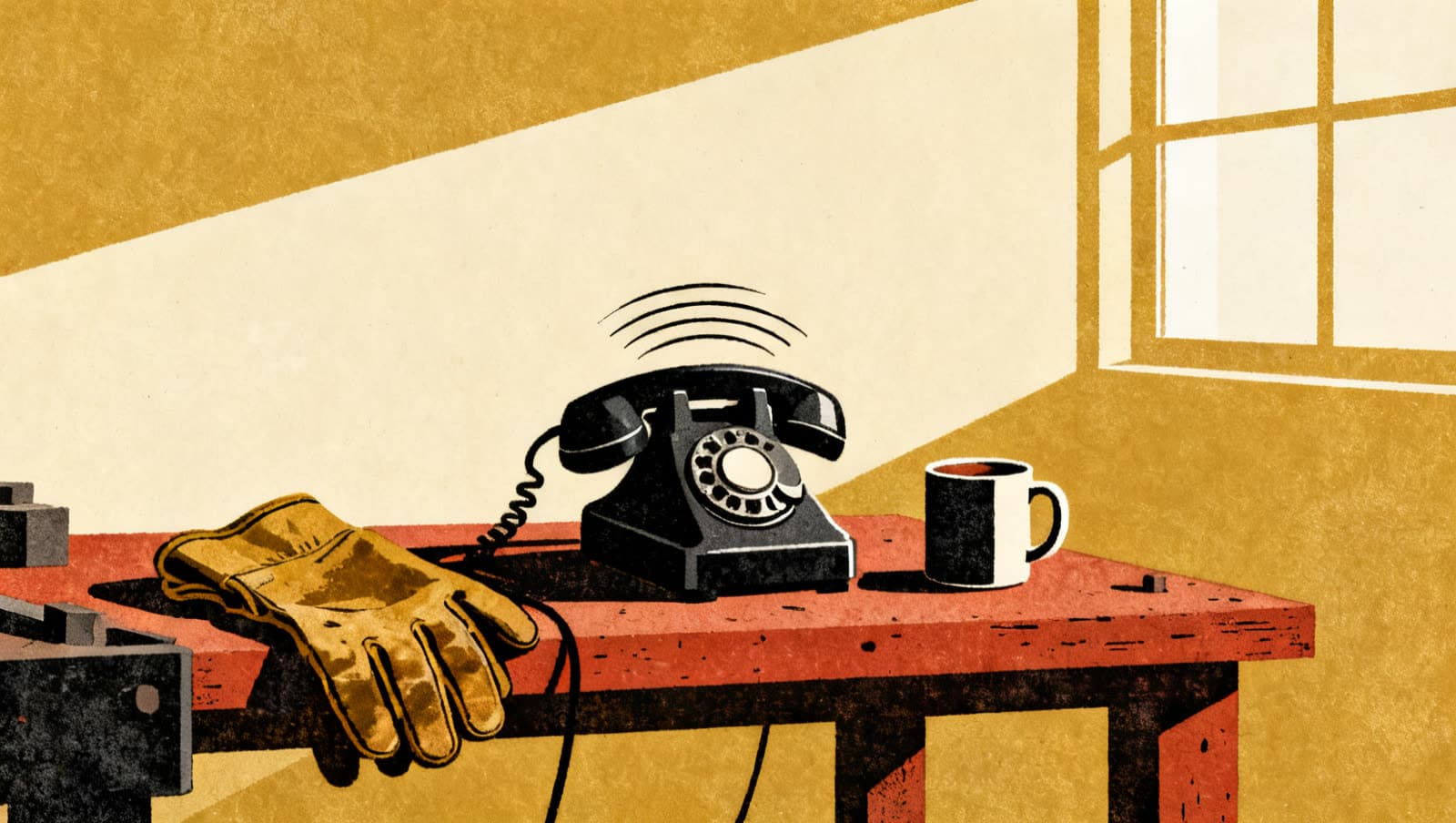 Screenprint art: a black rotary phone ringing on a red workbench beside leather gloves and a coffee mug