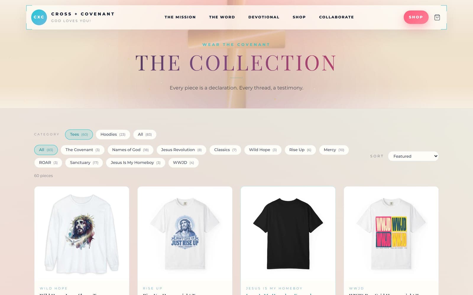 Cross + Covenant, a full online store designed and built by Modern Mustard Seed, with catalog, cart, and checkout wired to the command center