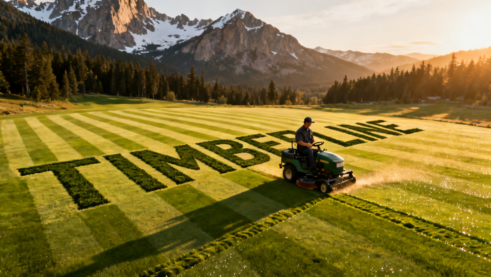 Still from the Timberline Lawn Co. demo commercial: a mower carving the company name into a striped lawn beneath snowcapped peaks