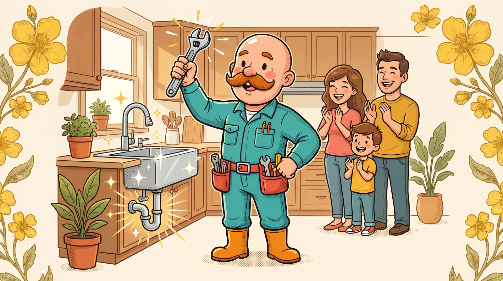 Dale the plumber, wrench raised, grins in a sunny kitchen with a happy family behind him.