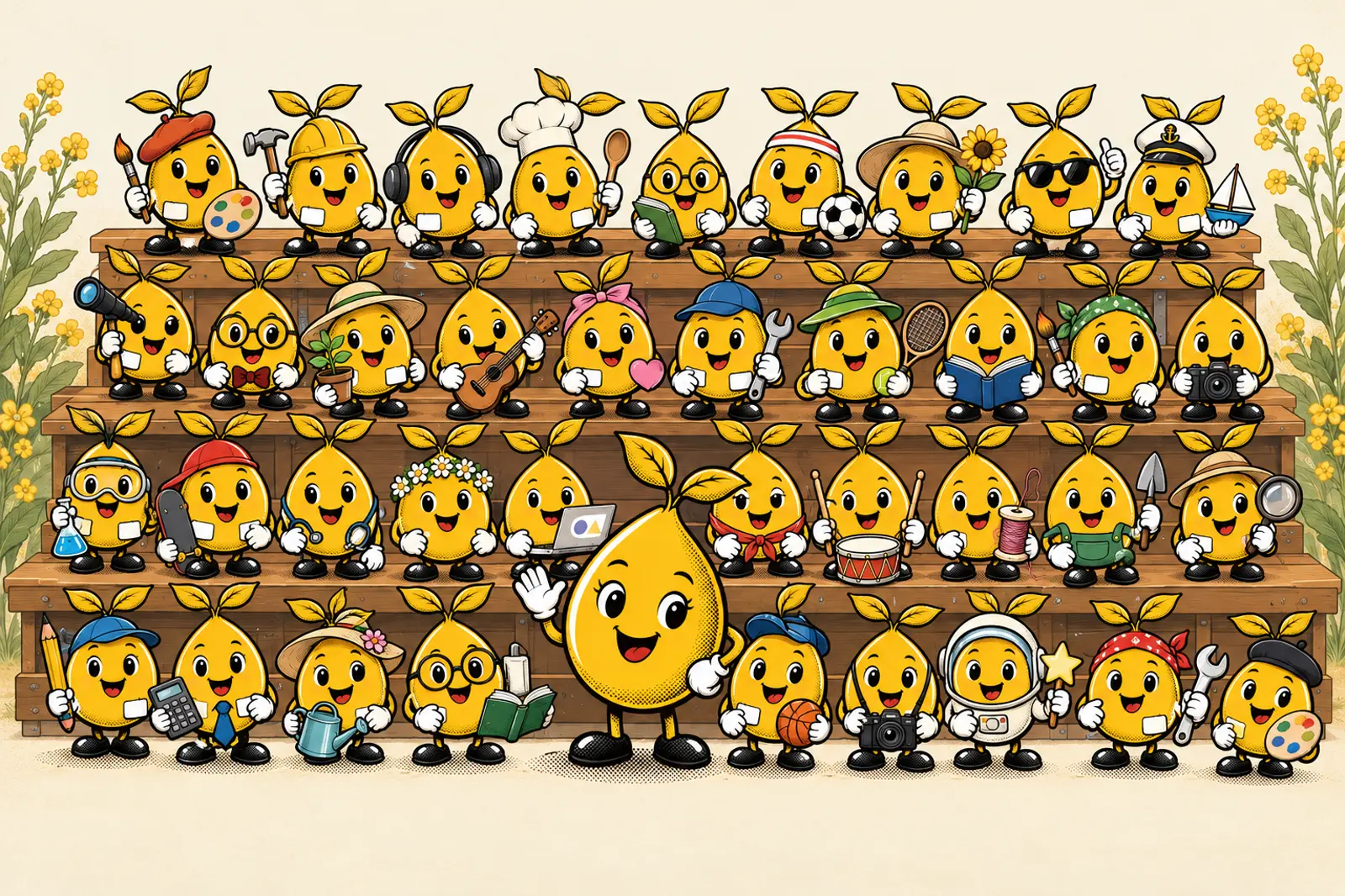 Rows of mustard seed characters, each dressed for a different job, smile from a long wooden shelf.