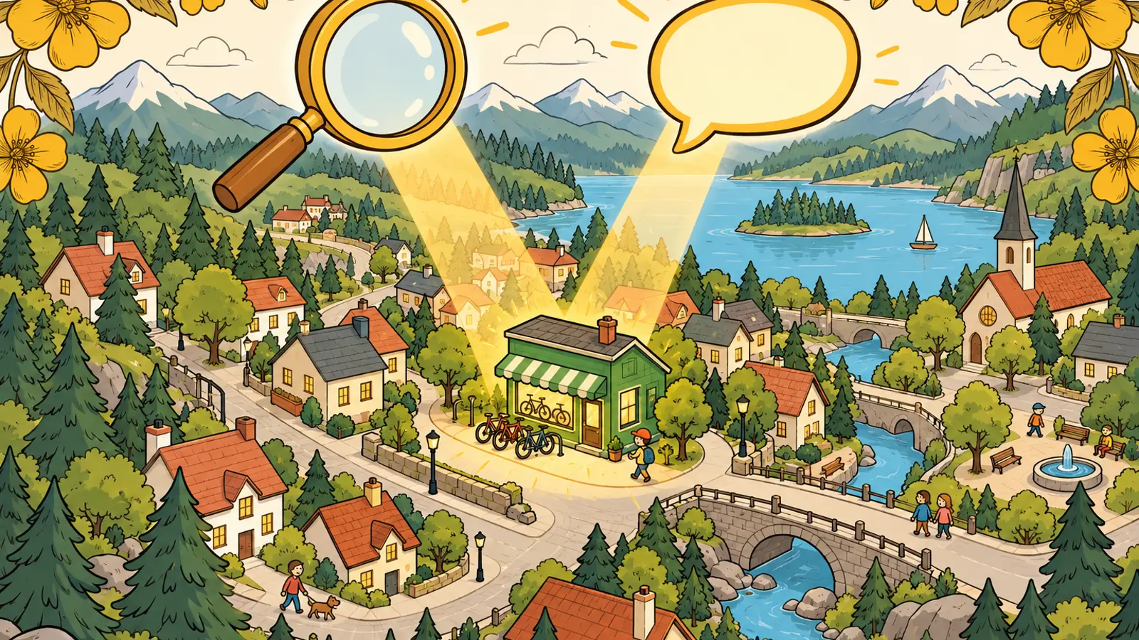 A golden magnifying glass shines down on a storybook lakeside town, with a speech bubble above it.