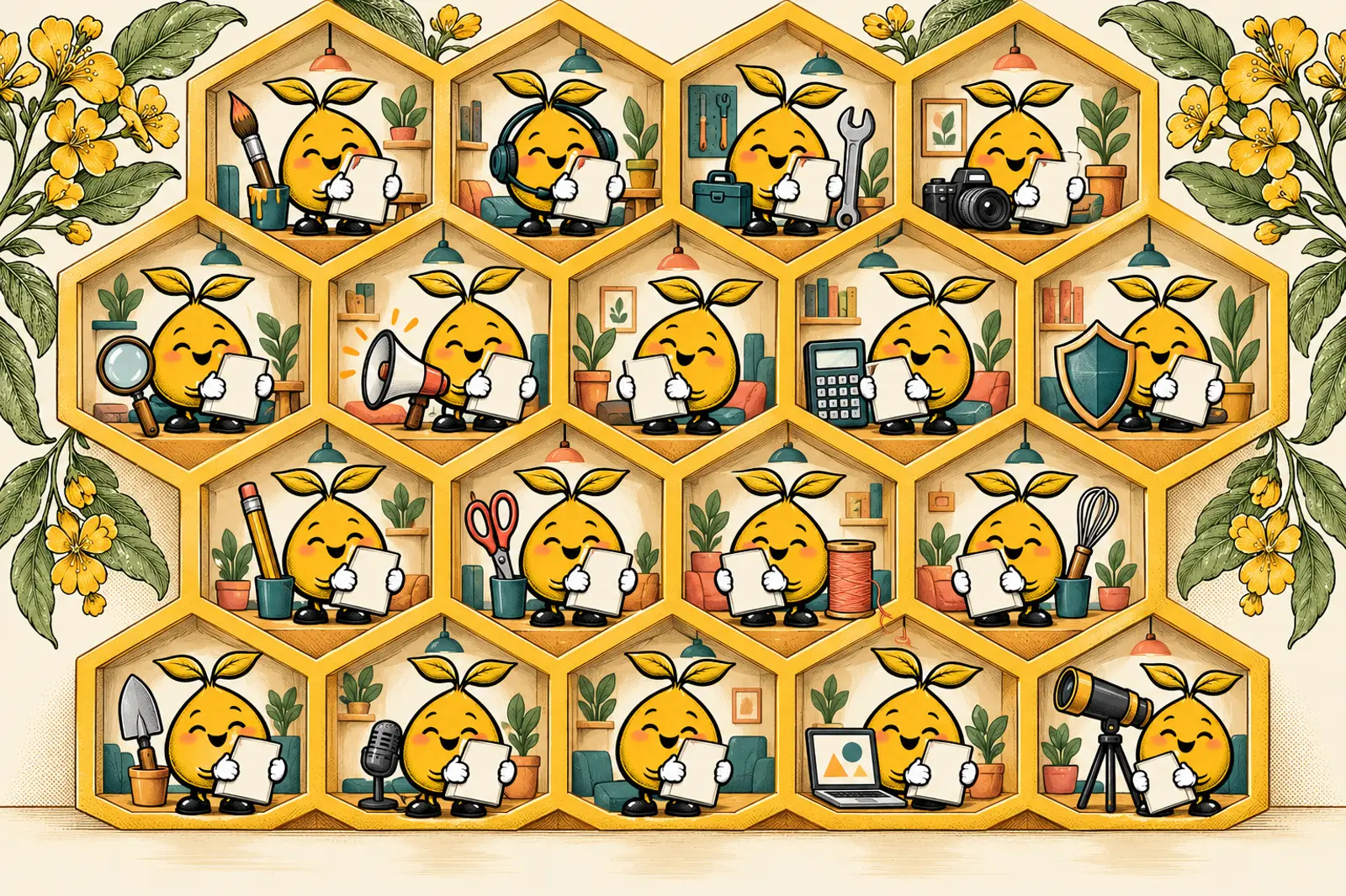 A golden honeycomb shelf where every cell holds a mustard seed busy at a different craft.