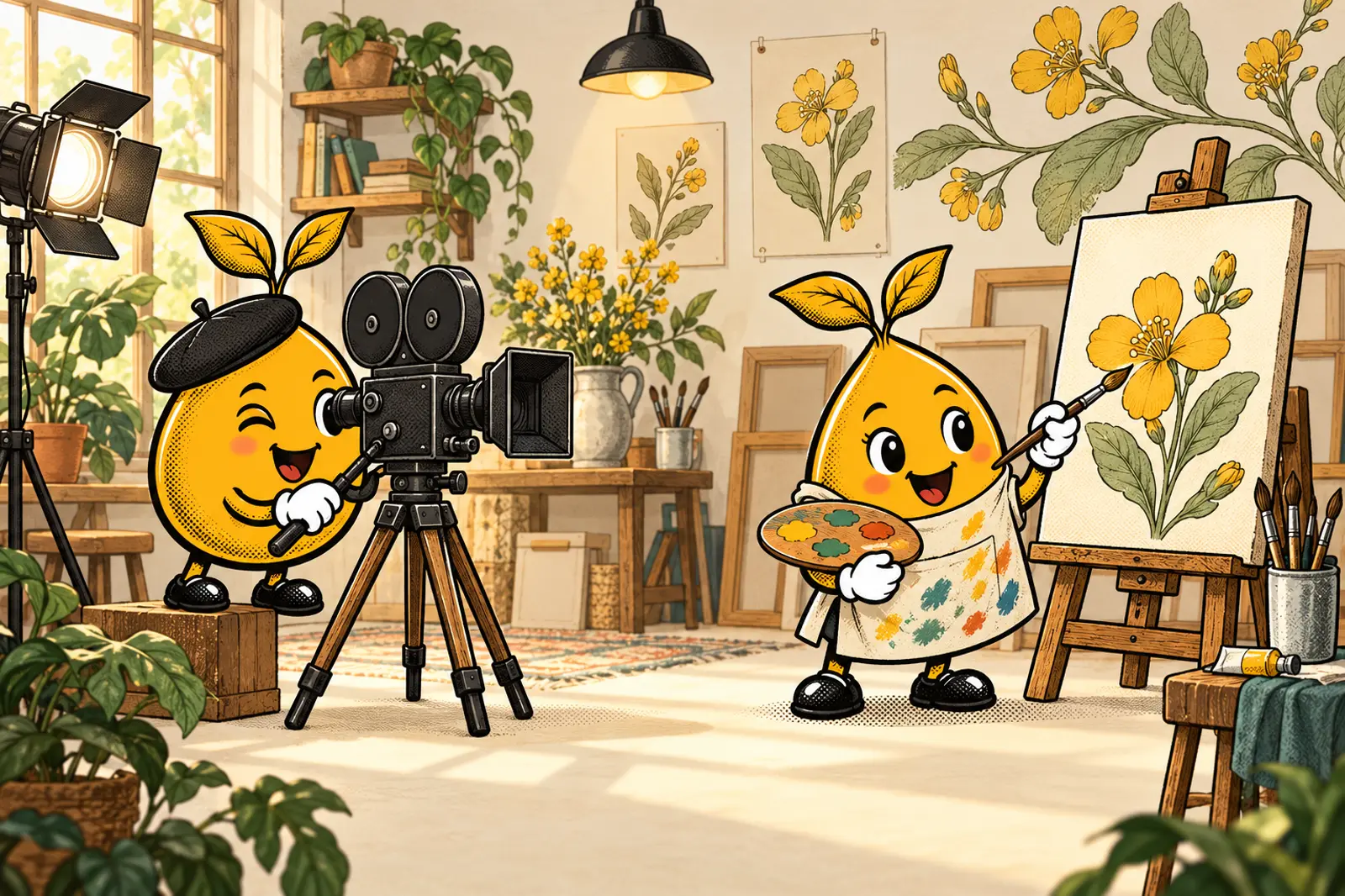 One mustard seed films with a vintage camera while another paints a flower on an easel.