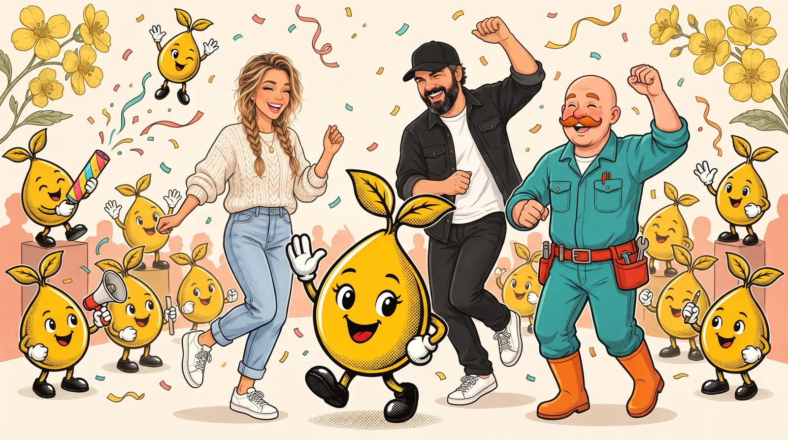 The whole town cheers and lifts Dale the plumber onto their shoulders as confetti falls.