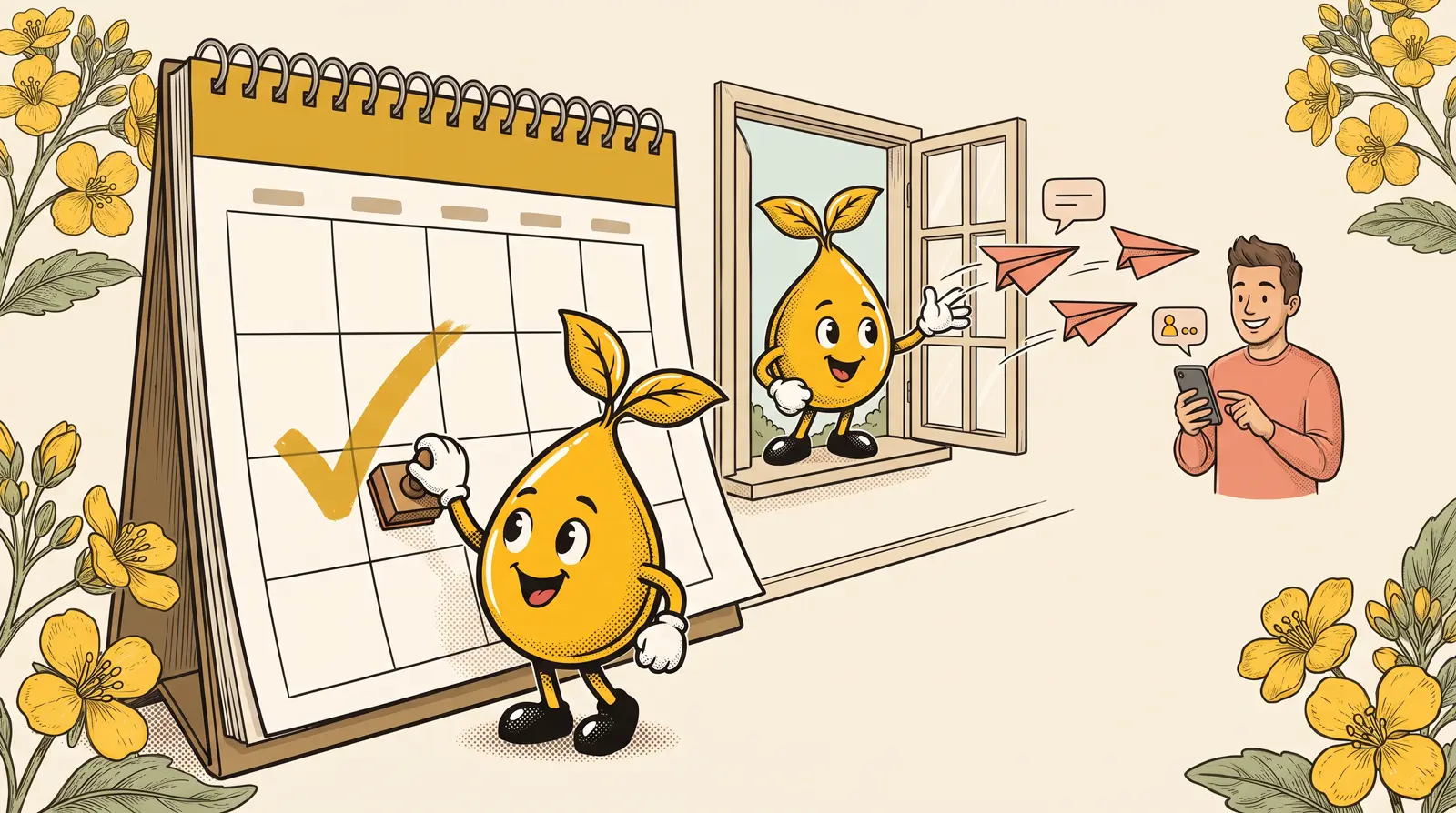A mustard seed checks off a giant calendar while a paper airplane message flies to a happy customer.