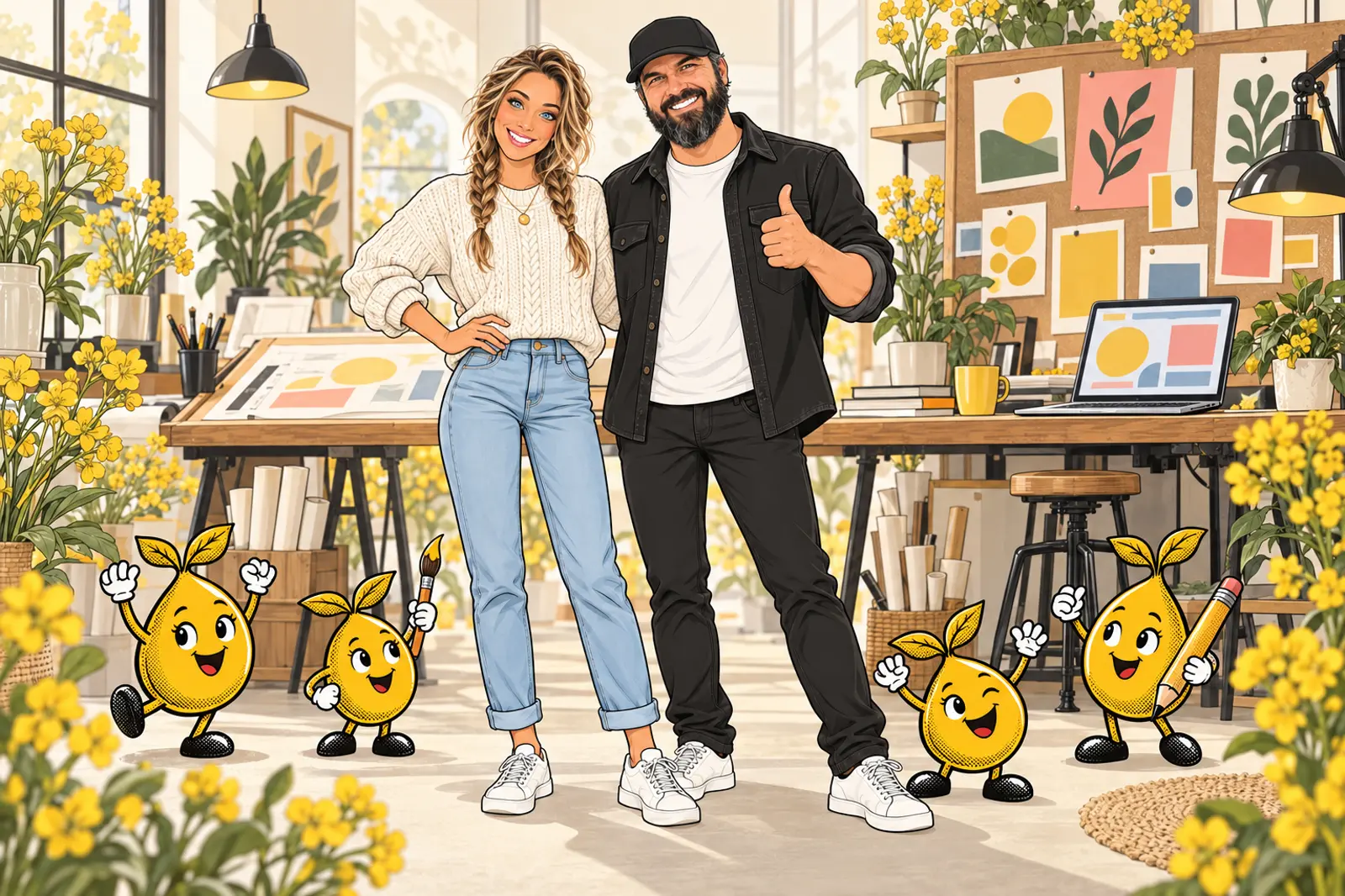 Sarah and Anthony stand side by side in the sunny studio, surrounded by mustard flowers and the cheering seed crew.